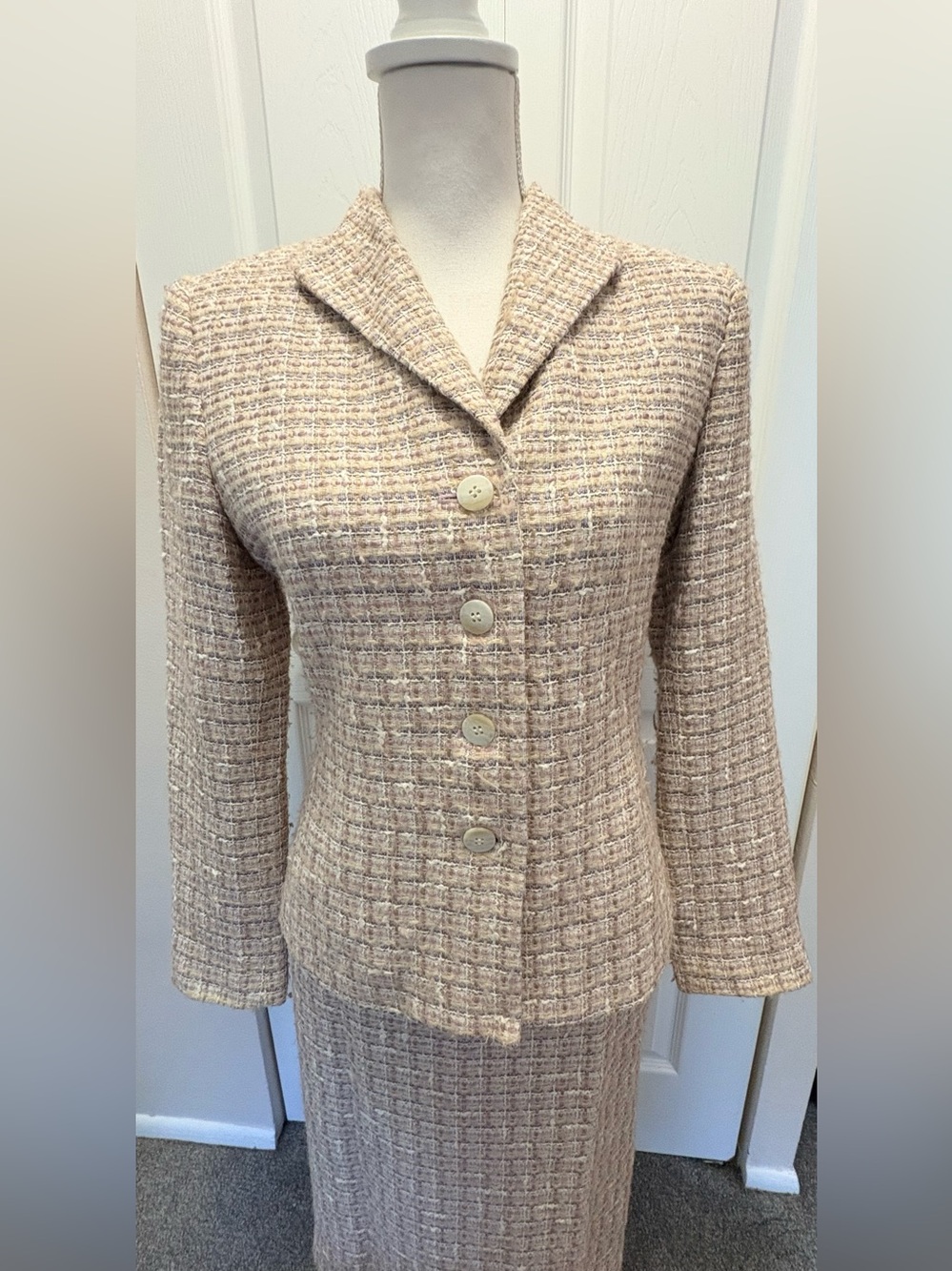 Kasper Neutral Beige Tweed Button Suit Jacket and Skirt